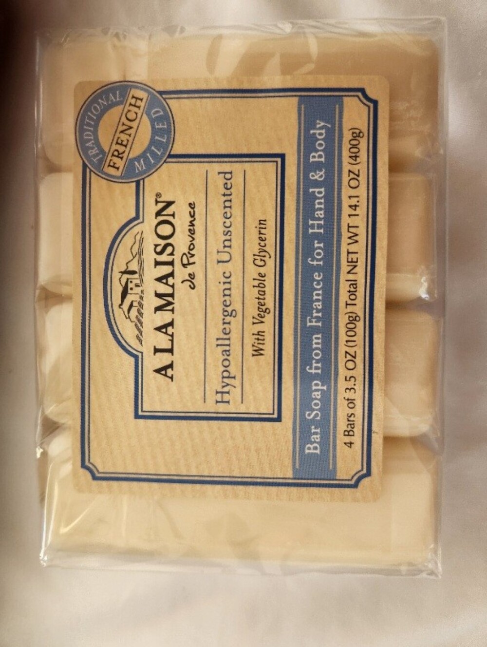 Alamaison de Provence Hypoallergenic Unscented 4 Bar Soap Pack - French Import